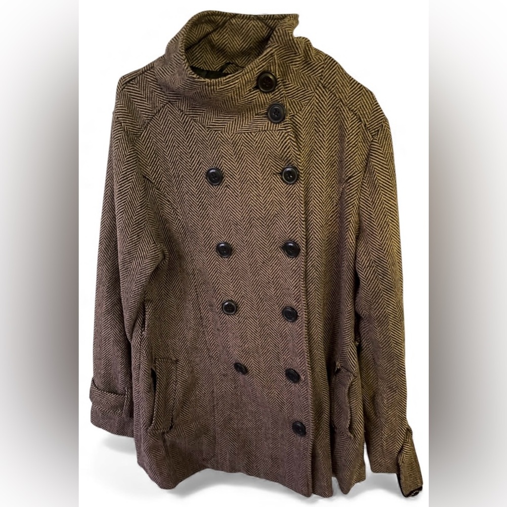 Last Kiss Herringbone Wool Blend Double Breasted Coat XL | Classic Winter Jacket - Picture 2 of 7